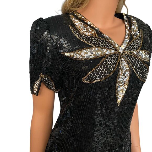 Holiday party Sequin Beaded 100% Silk Black Gold Top Evening Sz S VTG 90’s - Picture 3 of 13